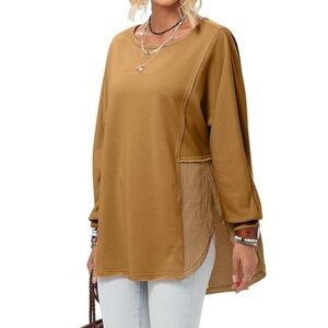 Women’s Brown Long Sleeve Frayed Raw Hem Loose Fit French Terry Sweatshirt